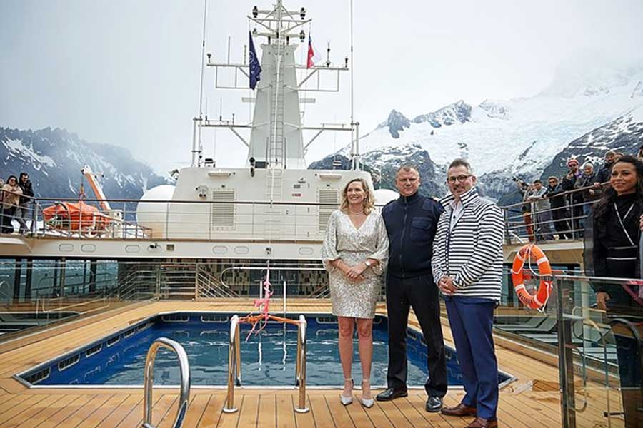 Cruise Planners Chief Sales Officer, Theresa Scalzitti officially names Atlas Ocean Voyages’ World Traveller in Chile