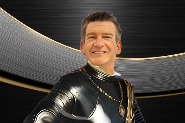 Professional portrait of a smiling man in stylized black armor with gold detailing, standing against a sleek black and gold curved background, symbolizing leadership and strength.