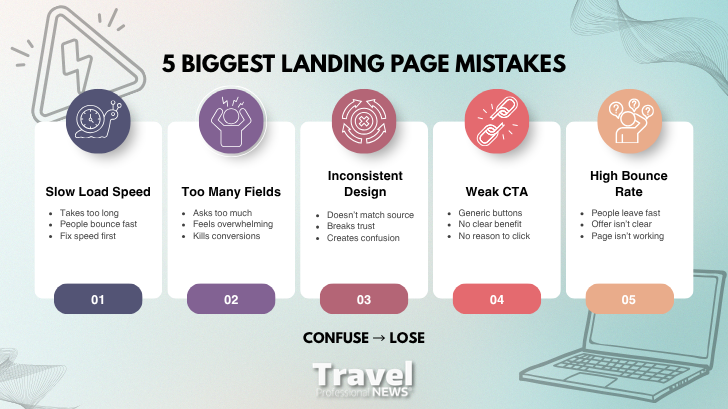 Infographic showing common mistakes that prevent landing pages that actually convert including slow speed weak CTA and high bounce rate