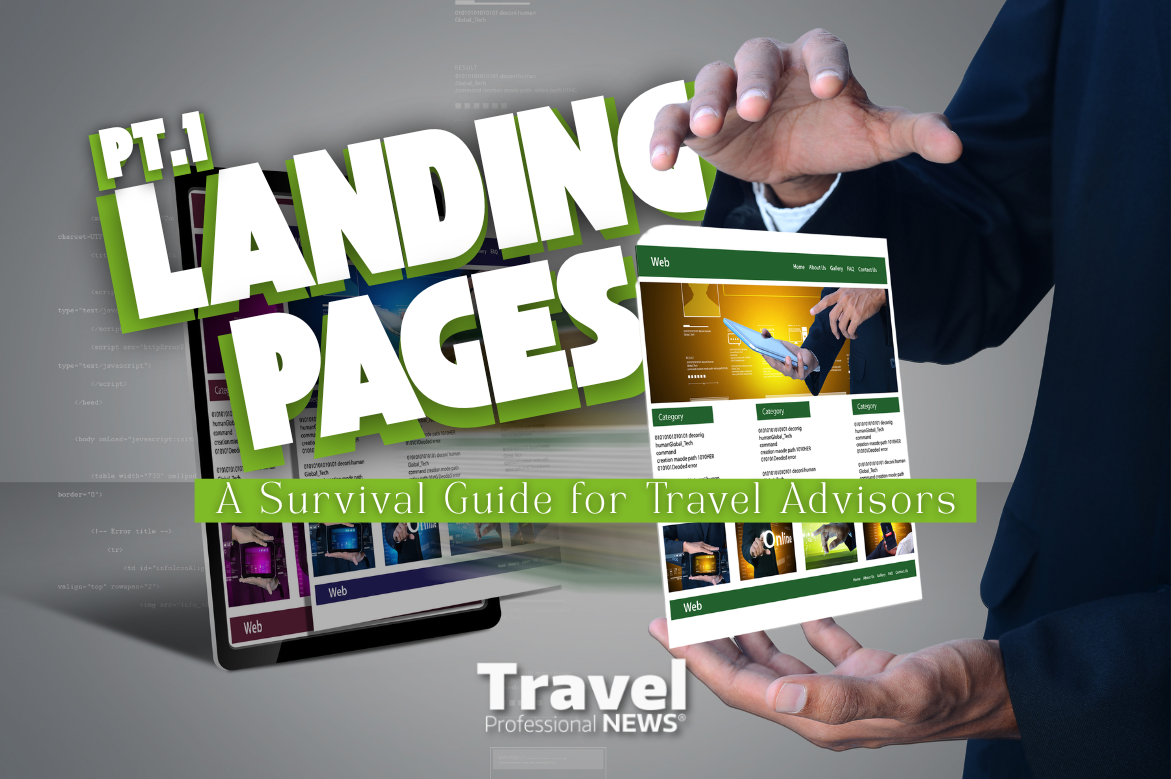 Landing pages concept with floating website layouts and bold text for travel advisor conversion strategies