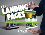 Landing pages concept with floating website layouts and bold text for travel advisor conversion strategies