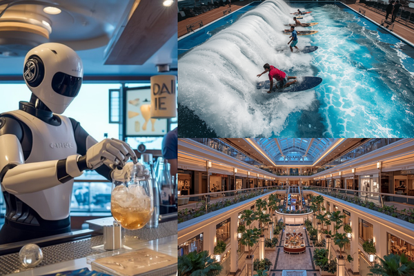 Modern cruise ship experiences including robot bartender, surf simulator, and luxury shopping area