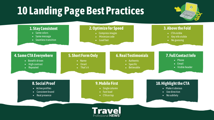 Infographic showing 10 landing page best practices including consistency, speed optimization, mobile-first design, and clear CTAs