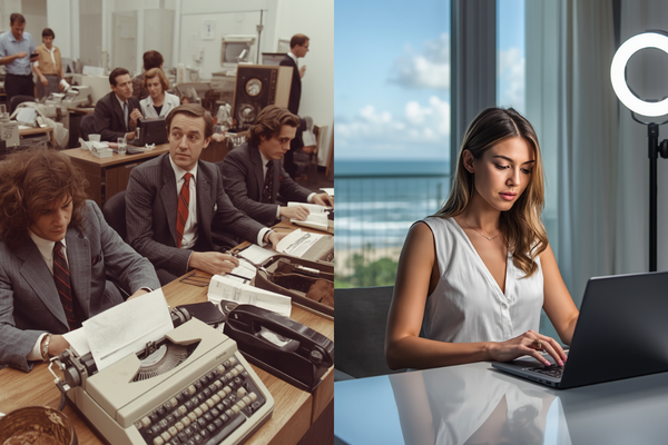 Comparison of traditional office workflow vs modern AI-powered travel advisor creating content on laptop