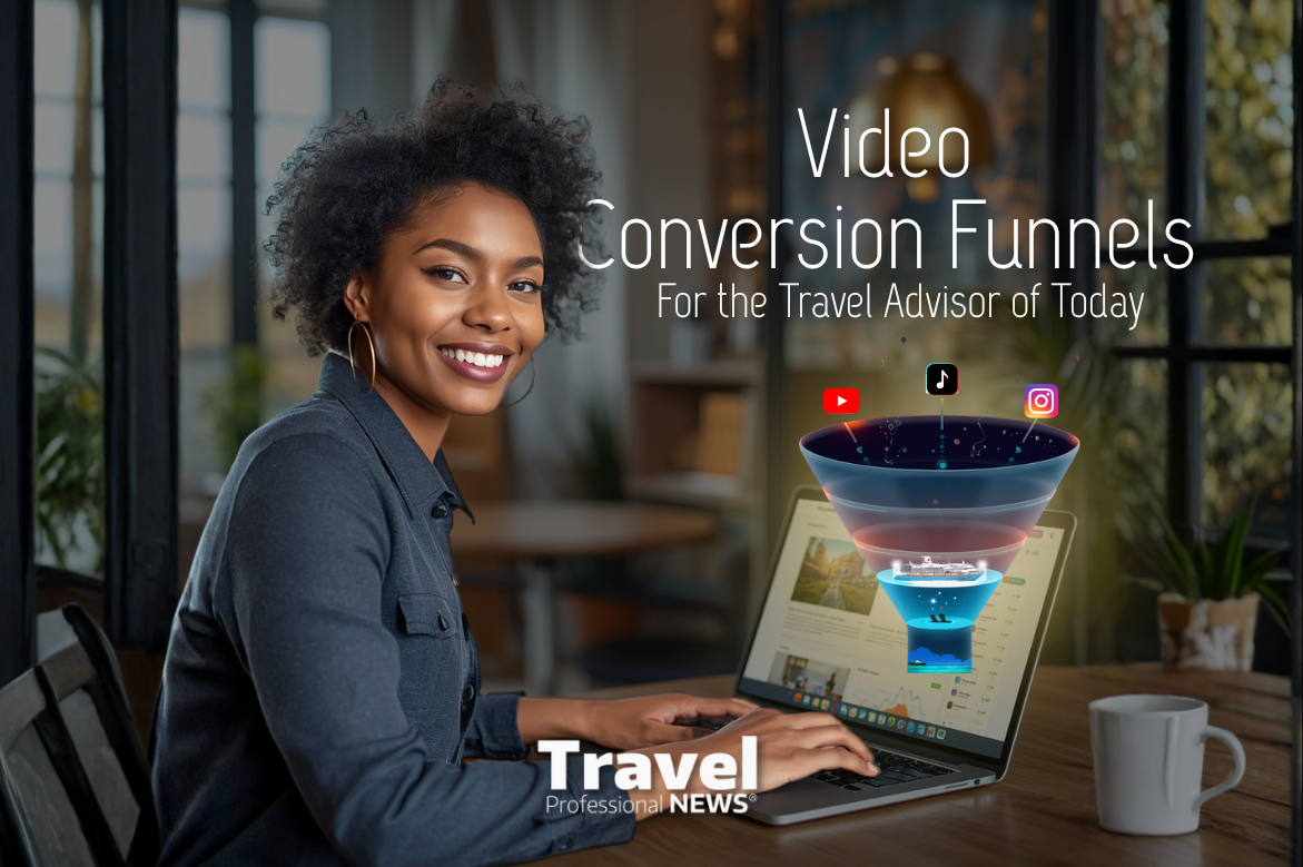 Travel advisor using video conversion funnels on laptop to generate bookings through social media platforms