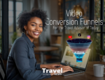 Travel advisor using video conversion funnels on laptop to generate bookings through social media platforms
