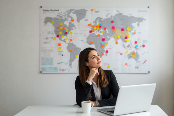 Businesswoman sitting at a desk looking thoughtfully at a world map covered in colorful sticky notes, representing travel planning and global strategy.