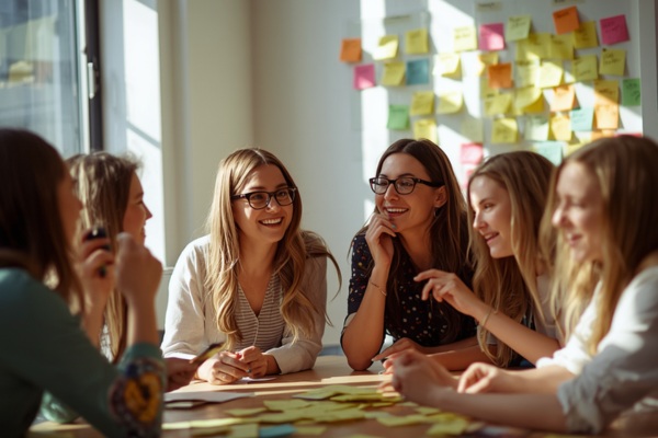 Group of women smiling and brainstorming ideas around a table with sticky notes, showing teamwork, engagement, and creative collaboration.