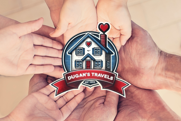 Multiple hands holding the Dugan’s Travels logo together, symbolizing community, support, and unity within a travel advisor network.