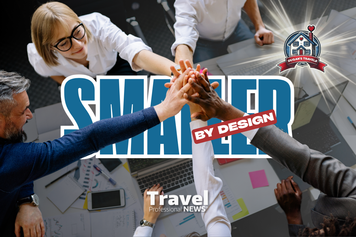 Business team stacking hands together over a desk with “Smarter by Design” text, symbolizing collaboration and strategic growth in the travel industry.