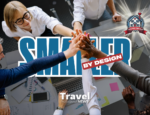 Business team stacking hands together over a desk with “Smarter by Design” text, symbolizing collaboration and strategic growth in the travel industry.