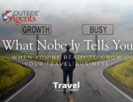 Business professional standing at a crossroads between “growth” and “busy” signs, representing travel business decisions