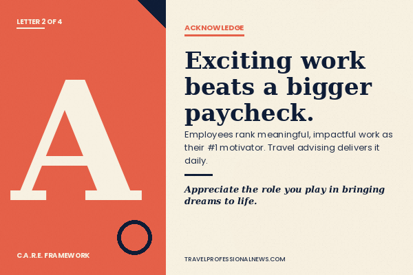 Acknowledge - The second letter in the C.A.R.E. framework for travel advisor motivation