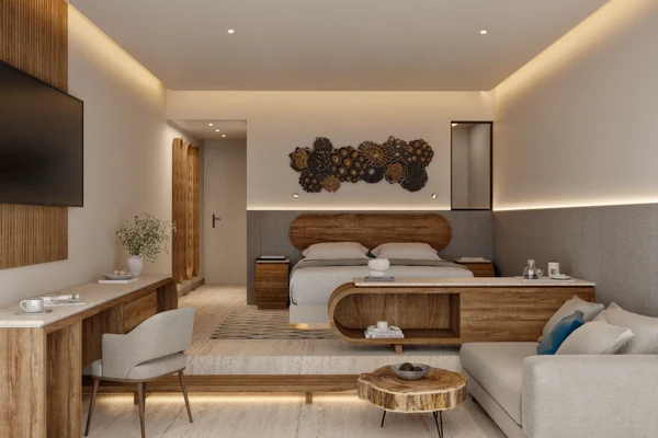 Junior Suite Ocean Front King room at Zoetry Villa Rolandi Isla Mujeres with modern wooden furnishings