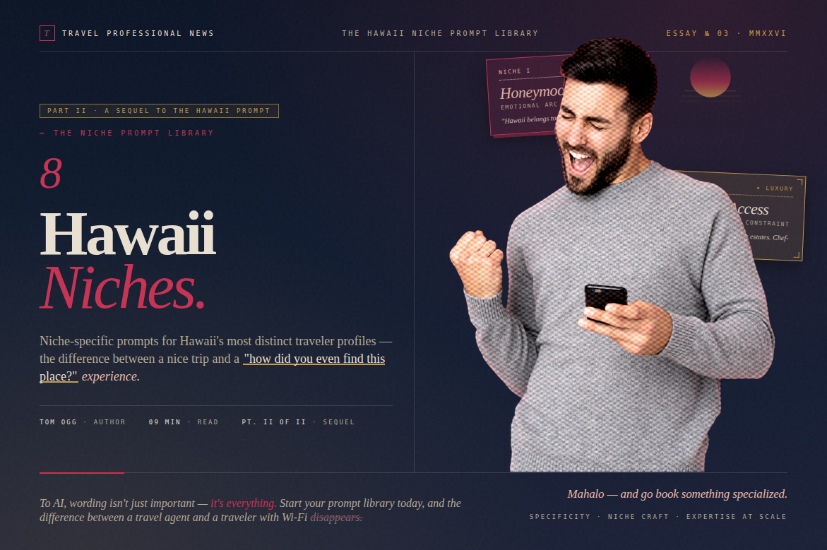 Sun, Surf, Sand, and Smarter Prompts- Eight Hawaii Niches That Need Their Own AI Strategy Tomorrow - Written By: Tom Ogg, Co-Founder and Co-Owner - Travel Professional NEWS