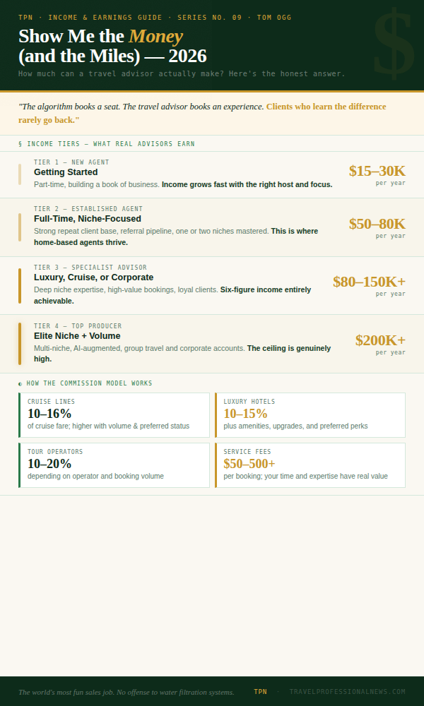 Show Me the Money (and the Miles) — How Much Can a Travel Advisor Make in 2026? - Tom Ogg, Co-Founder and Co-Owner - Travel Professional NEWS - 01_show-me-the-money_infographic_600x1000