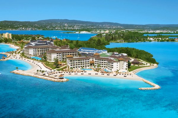 Aerial of the Secrets St. James and Wild Orchid shared peninsula