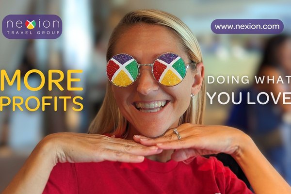 Nexion Travel Group ad reading More Profits Doing What You Love, featuring a smiling advisor wearing colorful Nexion sunglasses, with www.nexion.com