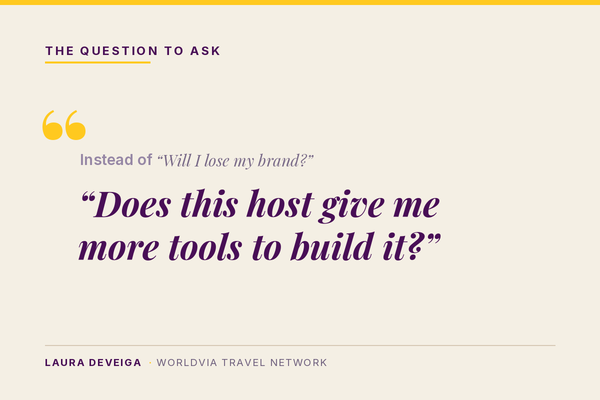 Editorial graphic reframing the question from Will I lose my brand to Does this host give me more tools to build it, by Laura DeVeiga of WorldVia Travel Network