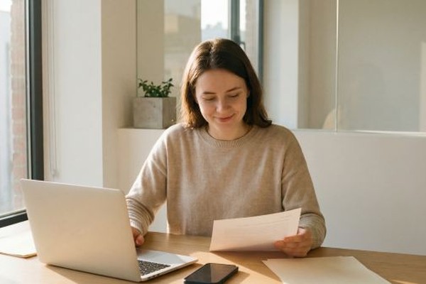 A travel advisor reviews paperwork at a sunlit desk