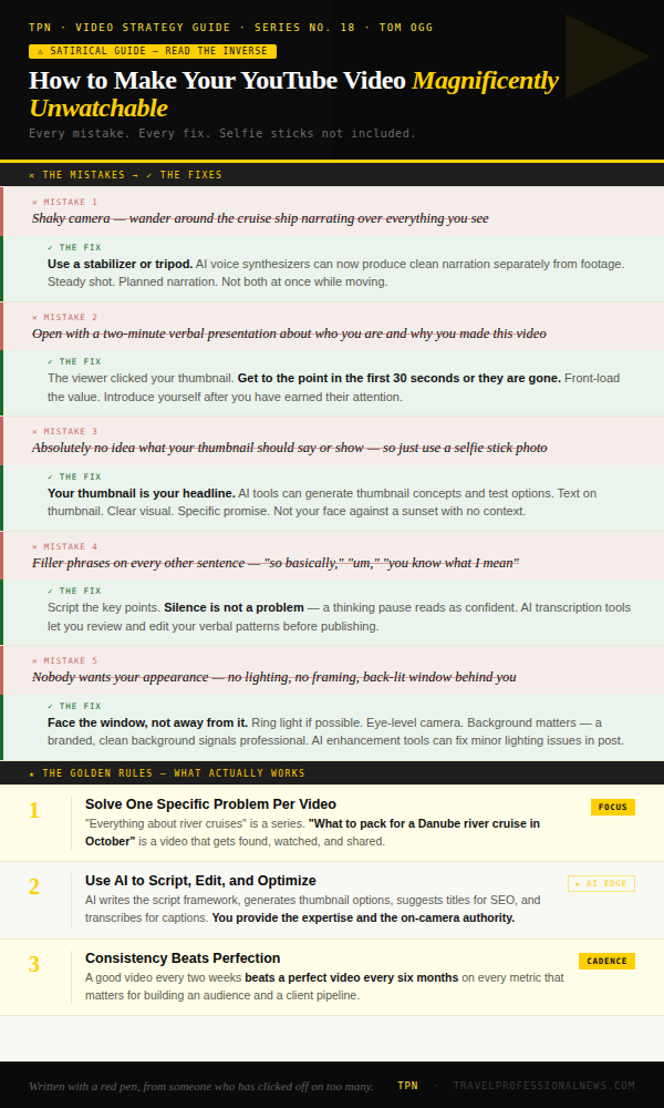 How to Make Your YouTube Video Magnificently Unwatchable, Tom Ogg, Co-Founder and Co-Owner, Travel Professional NEWS, 01_youtube-unwatchable_infographic_600x1000