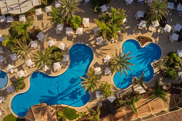Aerial of the pools at Secrets Bahia Real Resort and Spa