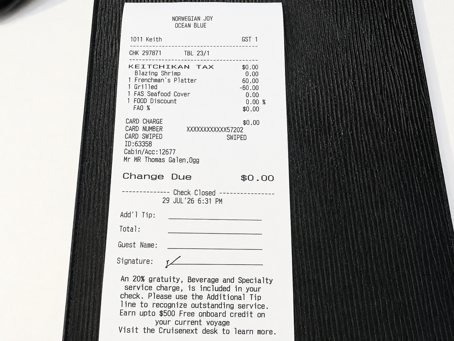 Alaska Aboard the Norwegian Joy A Review in Three Parts Part 3 - Tom Ogg, Co-Founder and Co-Owner - Travel Professional NEWS - Dinner Bill with Tip