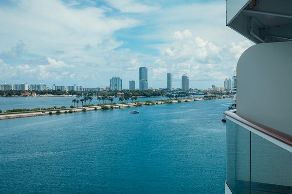 Balcony view of the Miami skyline and waterway