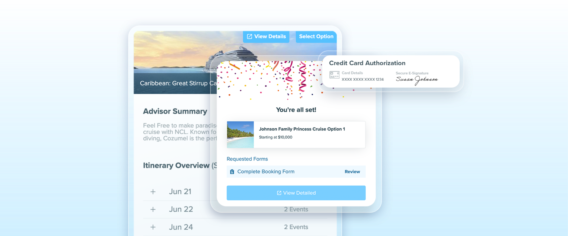 Travefy platform screens showing a client cruise proposal, booking confirmation and credit card authorization