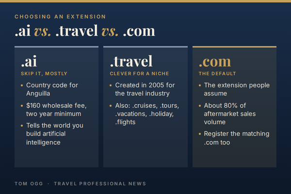 .ai vs .travel vs .com: choosing a domain name extension as a travel advisor